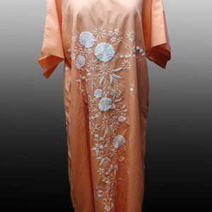 Vintage Mexican Mumu Hand Embroidered Oversized Dress Pale Peach/Coral & White